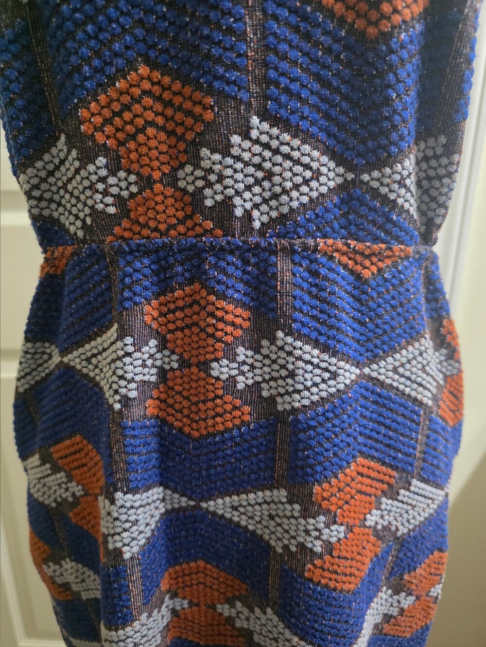 Mango Blue Geometric Midi Dress with Rust and Light Gray Accents - Picture 2 of 5